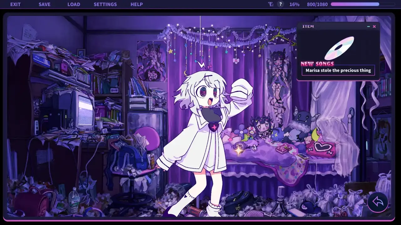 Gameplay screenshot of Yunyun Syndrome featuring a white-haired girl with spiral eyes in a cluttered, purple-lit bedroom, with an item notification for a new song titled "Marisa stole the precious thing."