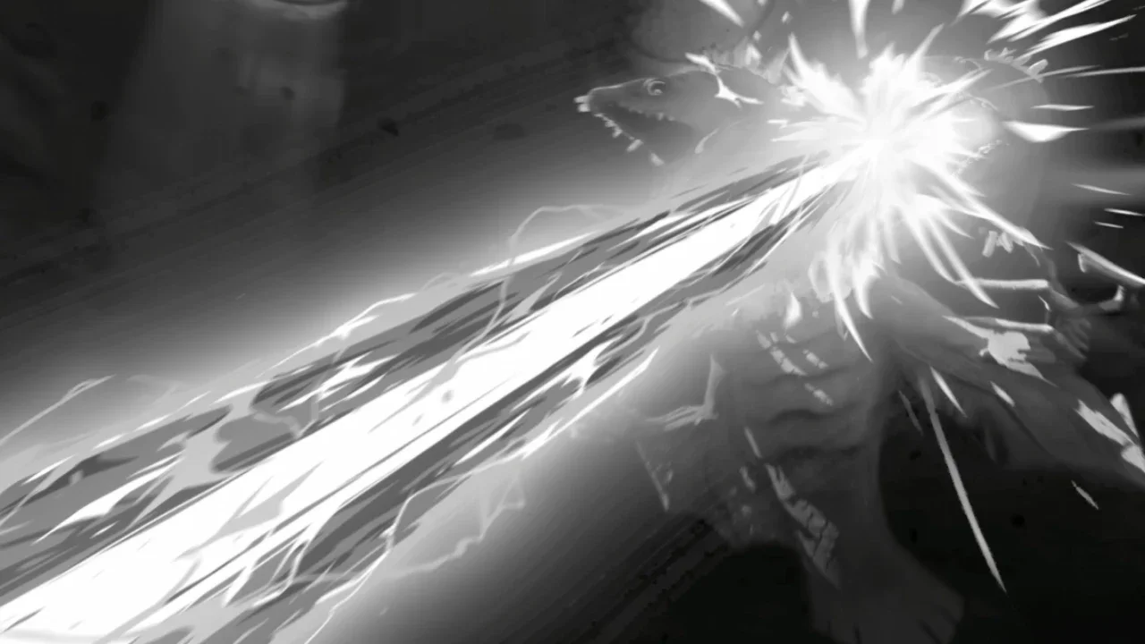 Grayscale action sequence from Splatoon Raiders featuring a powerful energy beam blast striking a target with a bright, explosive impact.
