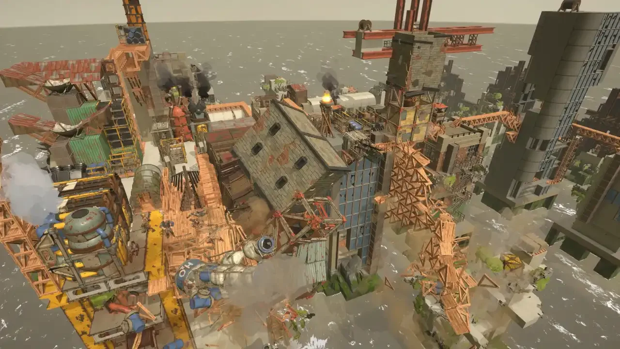A gameplay screenshot from the physics-based destruction game ALL WILL FALL, showing a sprawling industrial ocean platform collapsing into the sea with falling buildings, wooden scaffolding, and debris.