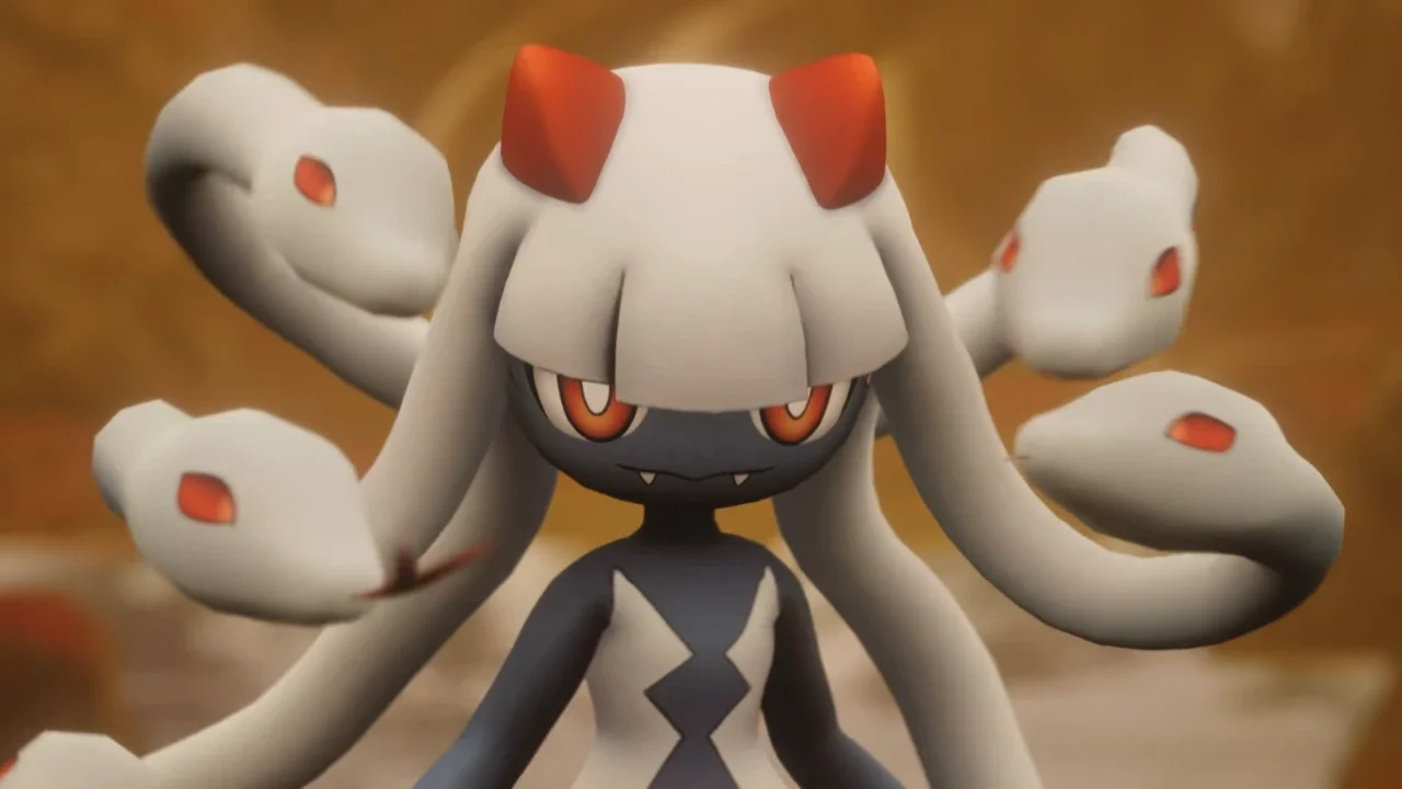 A close-up gameplay screenshot of the Pal Bellanoir in Palworld, featuring its dark humanoid form, glowing orange eyes, and white snake-like hair with red horns.