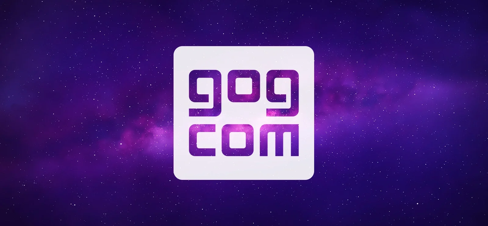 The gog.com logo, presented as white block letters on a purple starry galaxy background, with the nebula visible through the cutouts of the text.