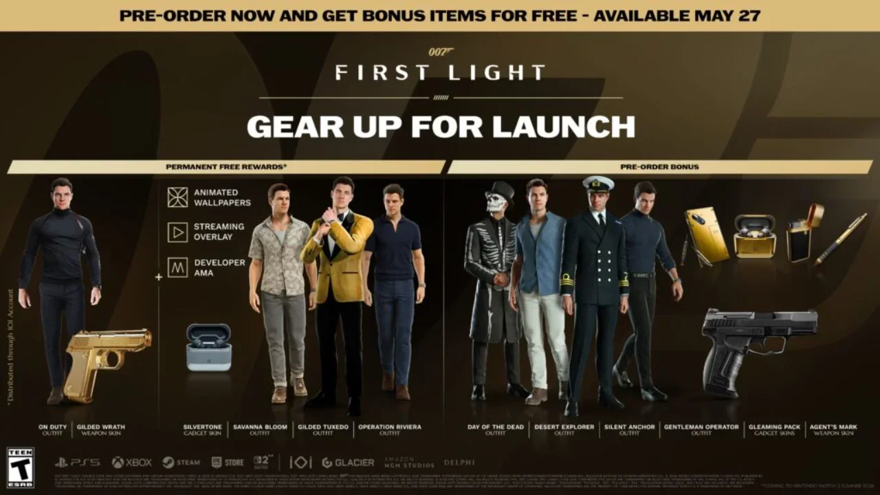 Promotional graphic for 007 First Light detailing pre-order bonuses and free rewards, including character outfits like the Gilded Tuxedo, weapon skins like the Gilded Wrath, and gadget skins available May 27.