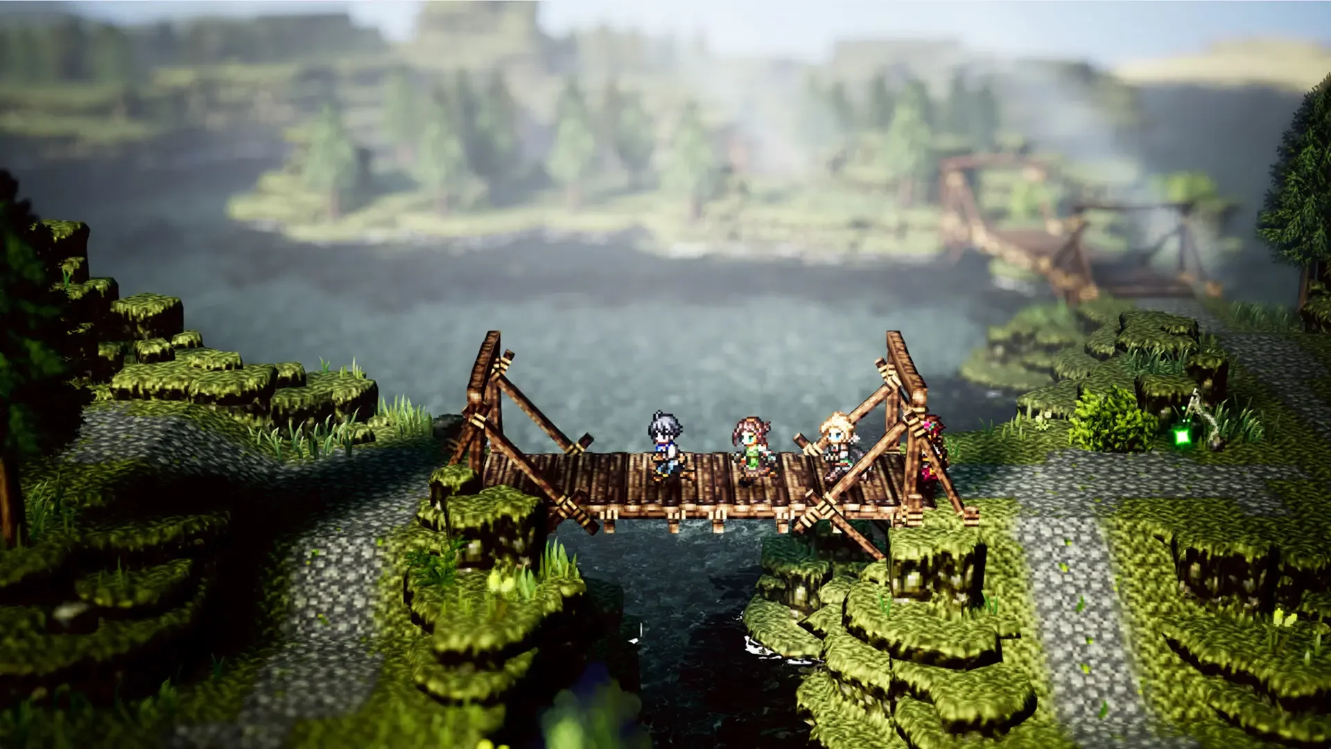 A screenshot from OCTOPATH TRAVELER 0 showing four pixel-art travelers crossing a narrow wooden bridge over a river in an HD-2D environment, with lush green mossy banks.