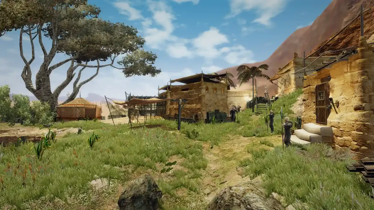 Gameplay screenshot of a sun-drenched desert settlement in Gothic, featuring sandstone architecture, NPCs, and a large acacia tree under a clear blue sky.