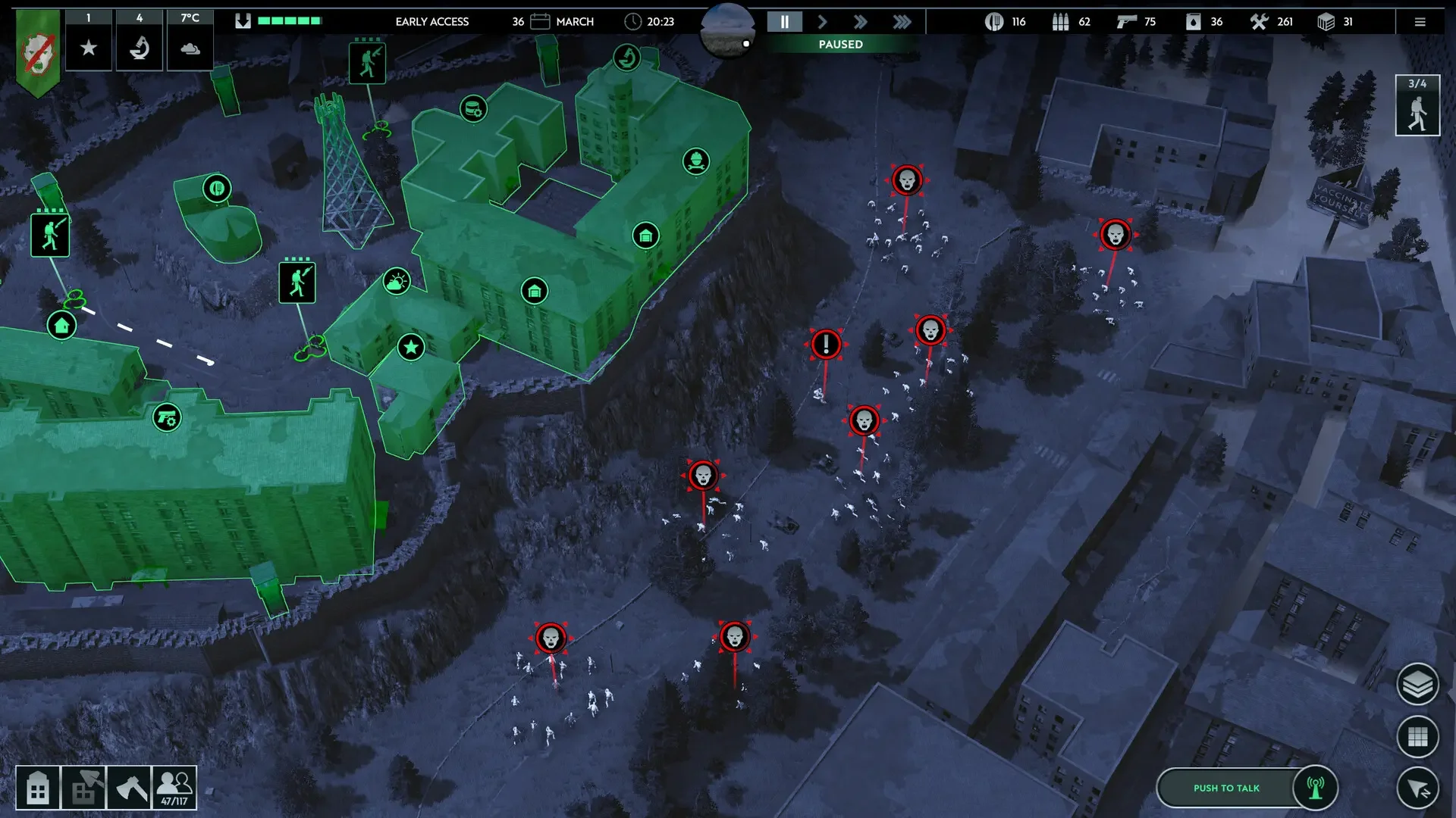 A paused tactical screenshot from Infection Free Zone, showing a dark, overhead view of a controlled green zone establishment under attack by multiple hordes of white zombie figures marked with red skull icons.