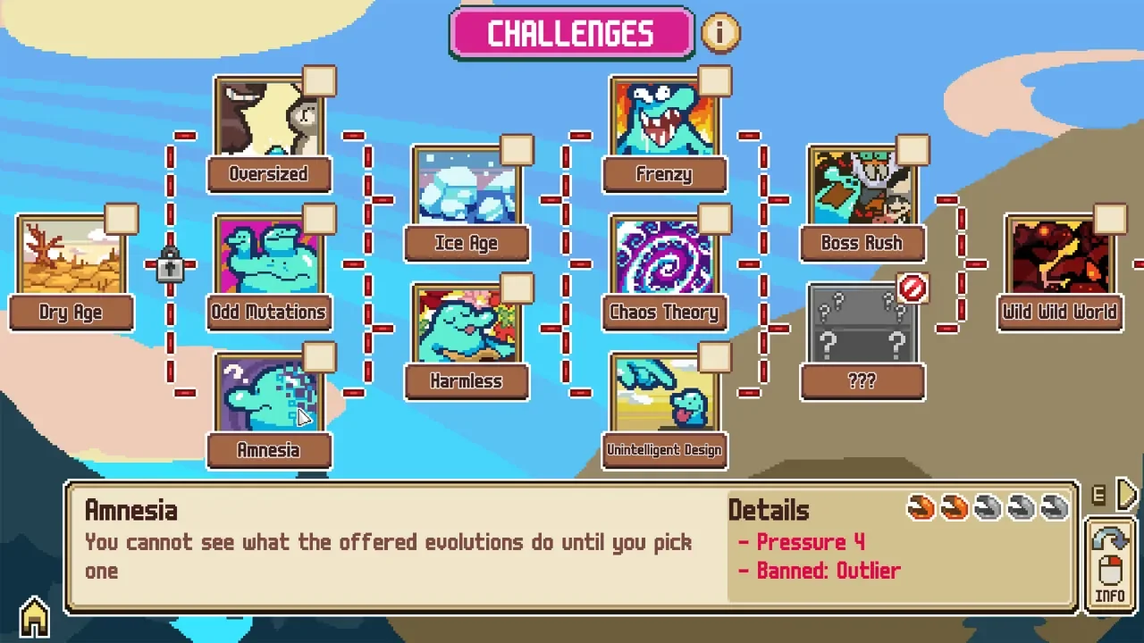 A pixel art gameplay screenshot of the Challenges menu in Everything is Crab: The Animal Evolution Roguelite, showing a branching tree of unlockable game modifiers and difficulty settings.