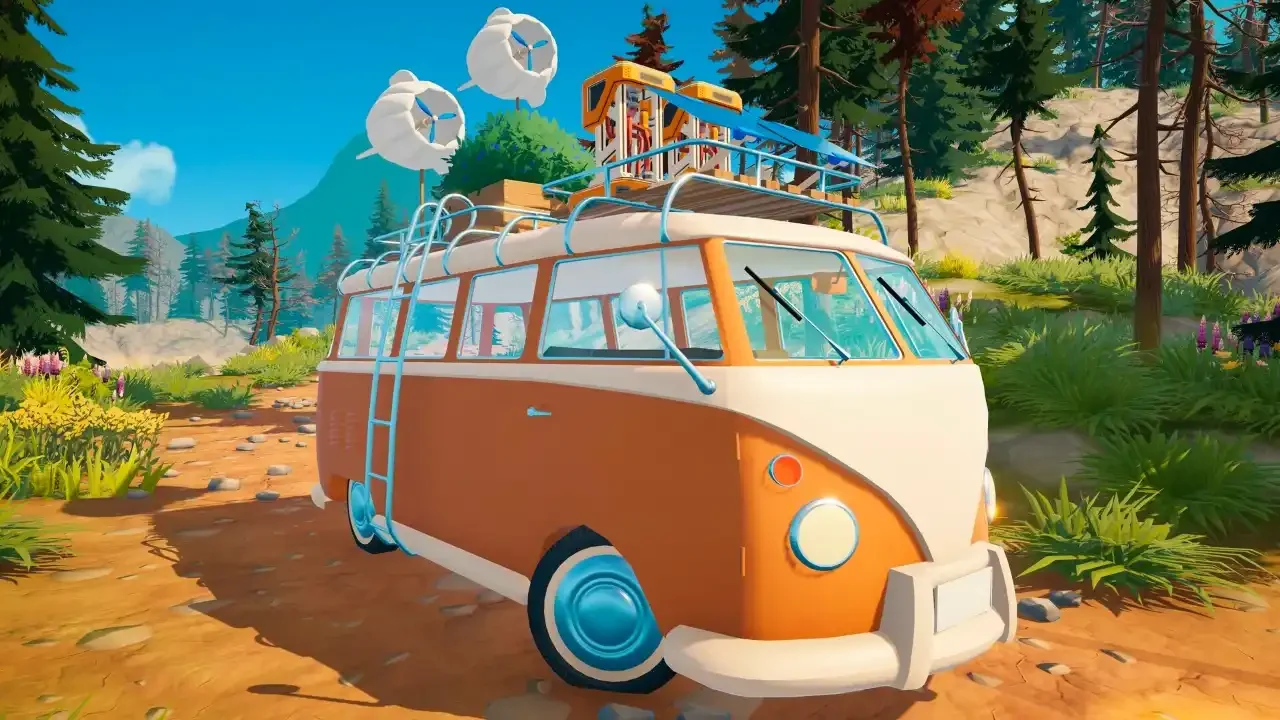 A customized orange camper van equipped with wind turbines and survival gear parked on a forest trail in the game Outbound.