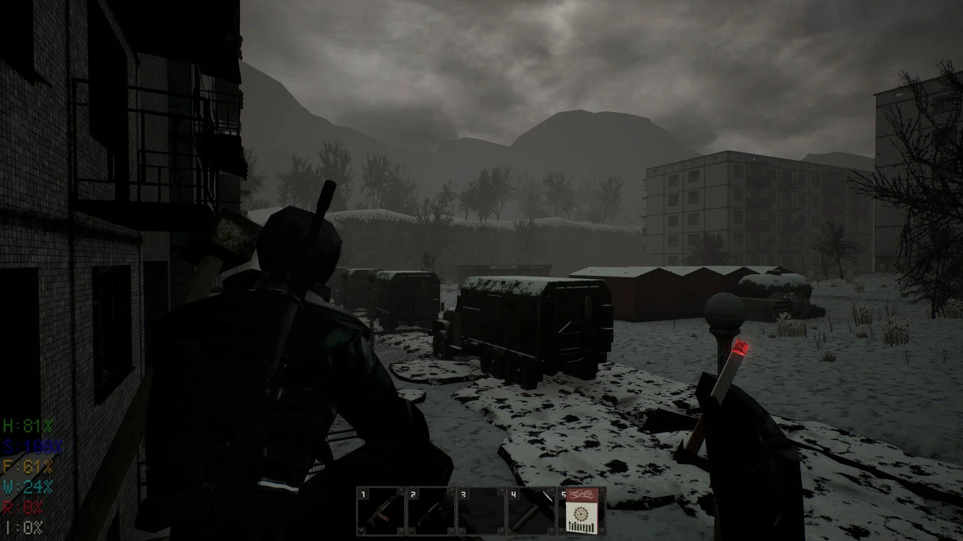 A gameplay screenshot from MISERY showing the player holding a lit cigarette while observing abandoned military trucks and snowy, derelict Soviet apartment blocks under a dark, overcast sky.