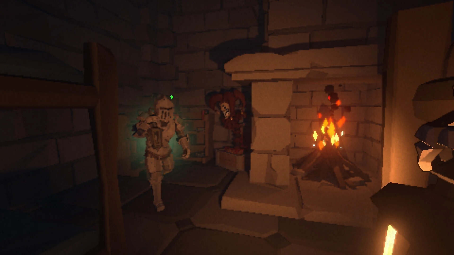 A pixelated dungeon scene from Jester: A Foolish Ritual showing a glowing armored knight running past a lurking red jester next to a lit stone fireplace.