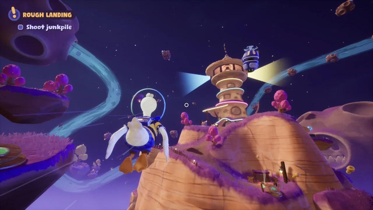 An astronaut duck flies through space toward a glowing lighthouse on a floating purple island in the game Duck Side of the Moon.