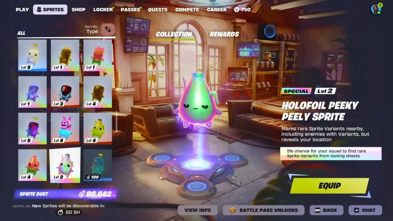 Fortnite in-game menu displaying the Sprites collection tab with a holographic Holofoil Peeky Peely Sprite highlighted.