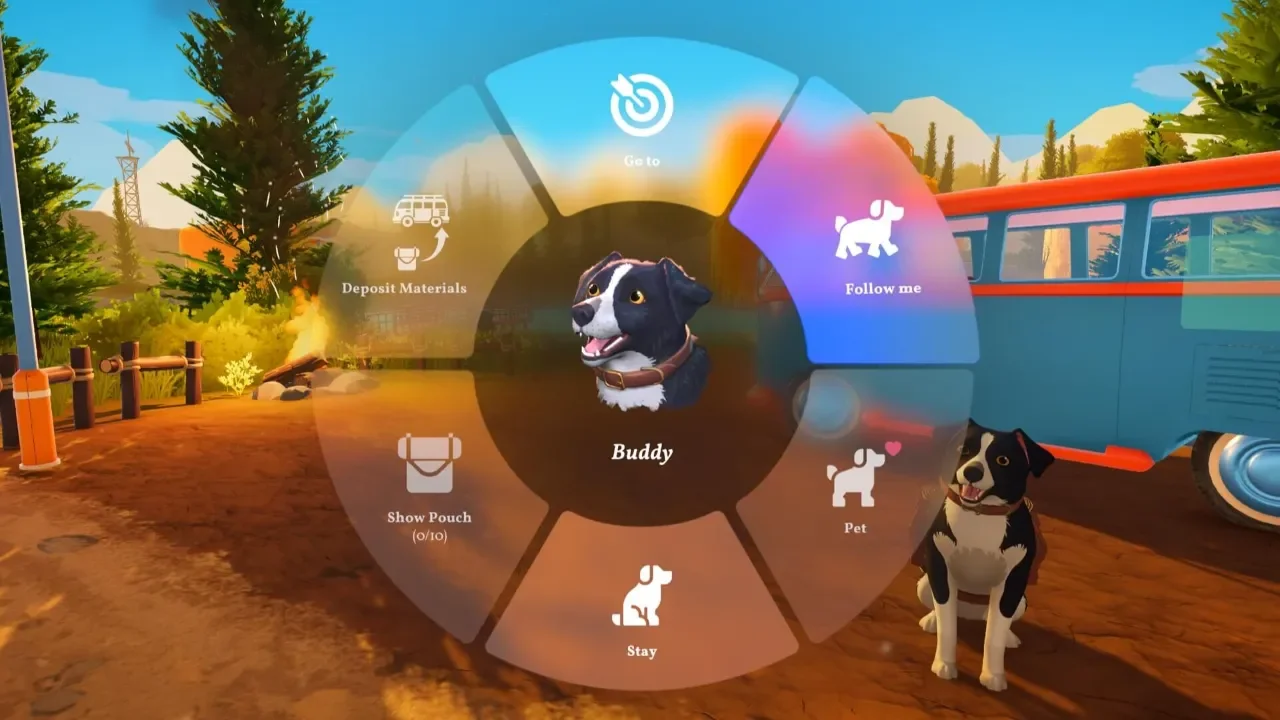 Outbound gameplay screenshot showing a radial interaction menu for a dog companion named Buddy, featuring command options like "Follow me" and "Pet" at a cozy forest campsite with a vintage camper van.