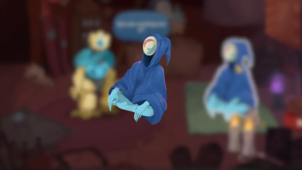 Slay the Spire 2 gameplay screenshot of a hooded, blue-cloaked character with a single eye symbol floating in a meditative pose.