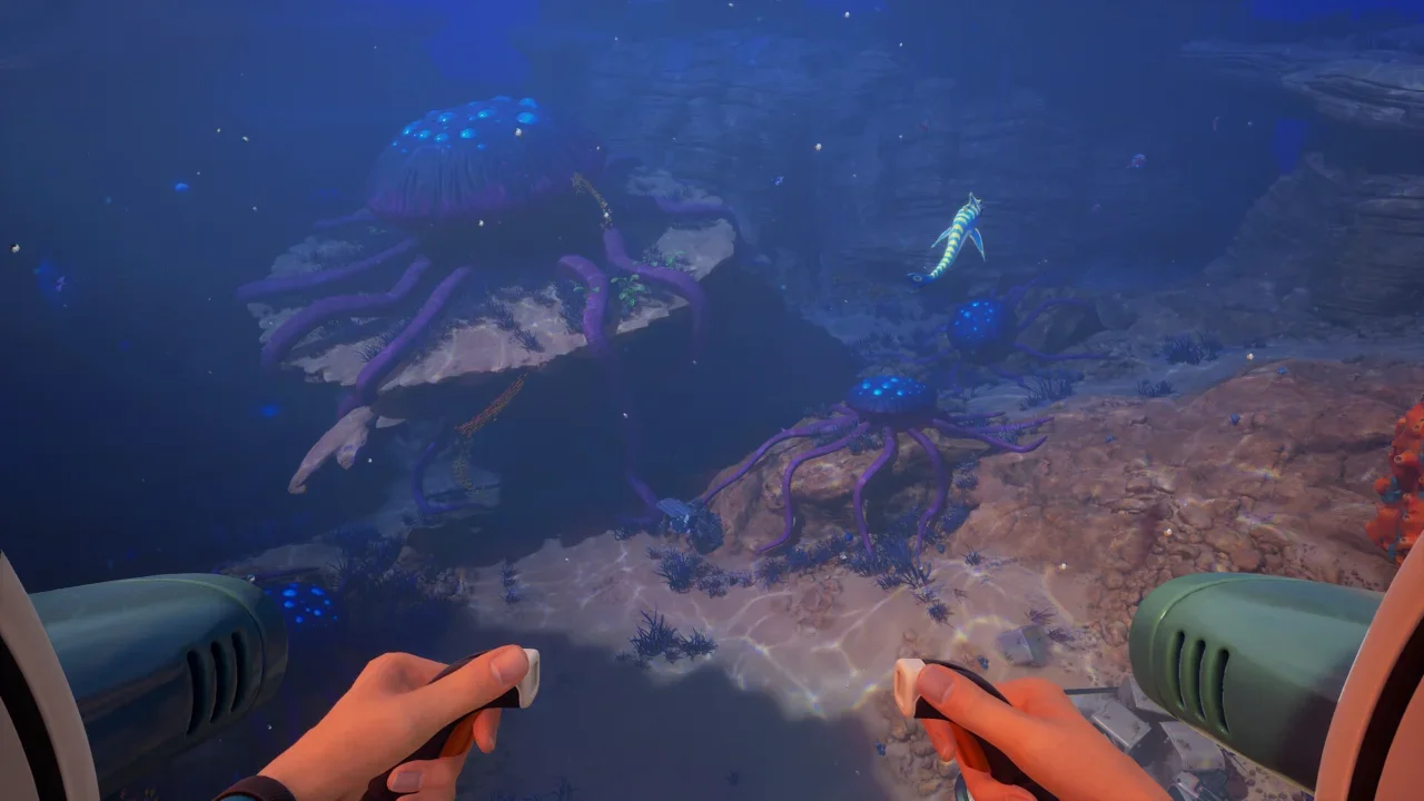 Subnautica 2 first-person gameplay screenshot showing a submersible pilot's view of giant, bioluminescent purple jellyfish-like creatures on a rocky alien seabed.