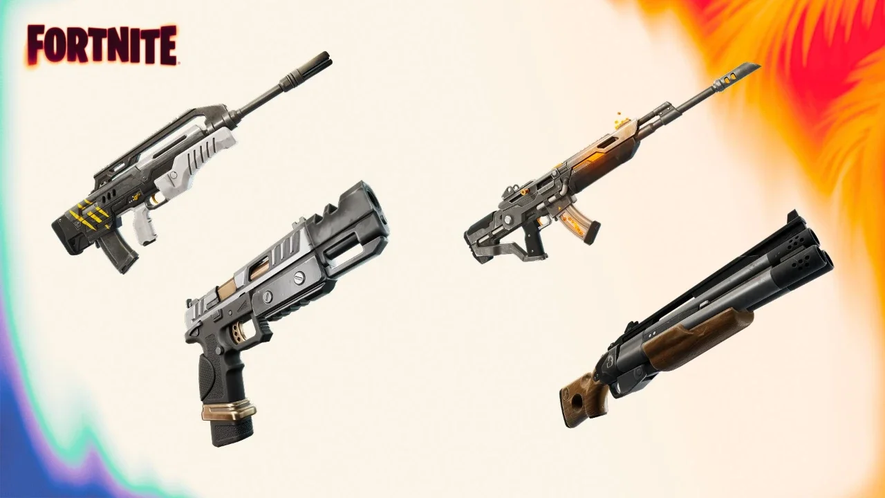 A showcase of four Fortnite weapons including a tactical assault rifle, a sidearm pistol, a thermal scoped rifle, and a shotgun displayed against a light background with the Fortnite logo.