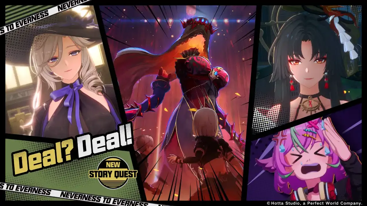 A promotional graphic for a Neverness to Everness (NTE) New Story Quest titled "Deal? Deal!" featuring a collage of various anime characters and a central combat scene against a large monster.