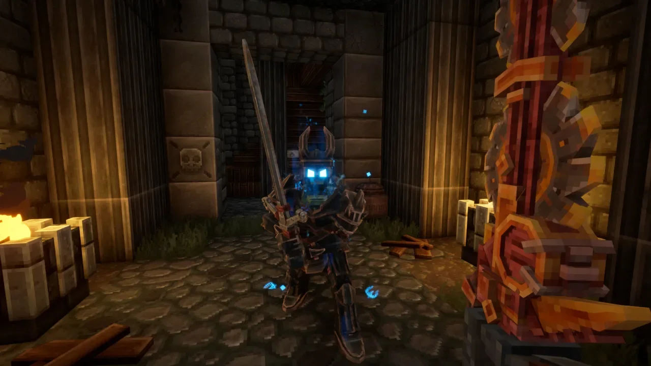A dark-armored knight with glowing blue eyes and a longsword stands in a dimly lit stone dungeon in the voxel-based game Everwind.