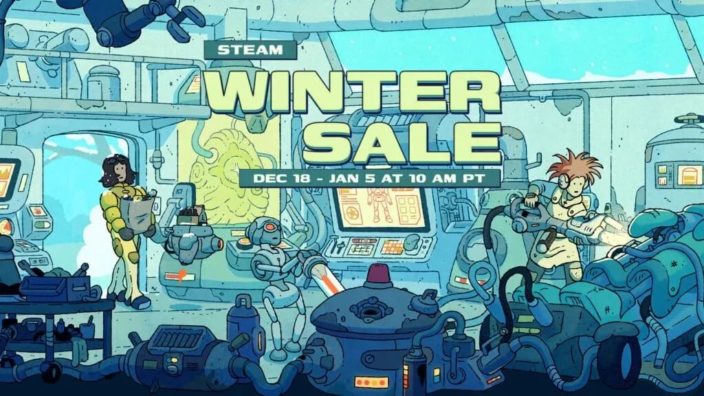 A stylized, cartoon screenshot from the "steam winter sale" event showing various cartoon characters and robots working in a cluttered, teal-colored sci-fi laboratory, with the large text "STEAM WINTER SALE" dominating the center.