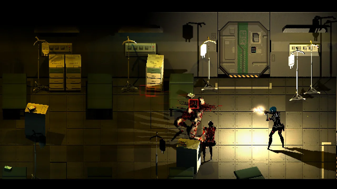Pixel-art survival horror gameplay from Signalis showing the protagonist Elster shooting a mutated enemy in a dark medical facility.