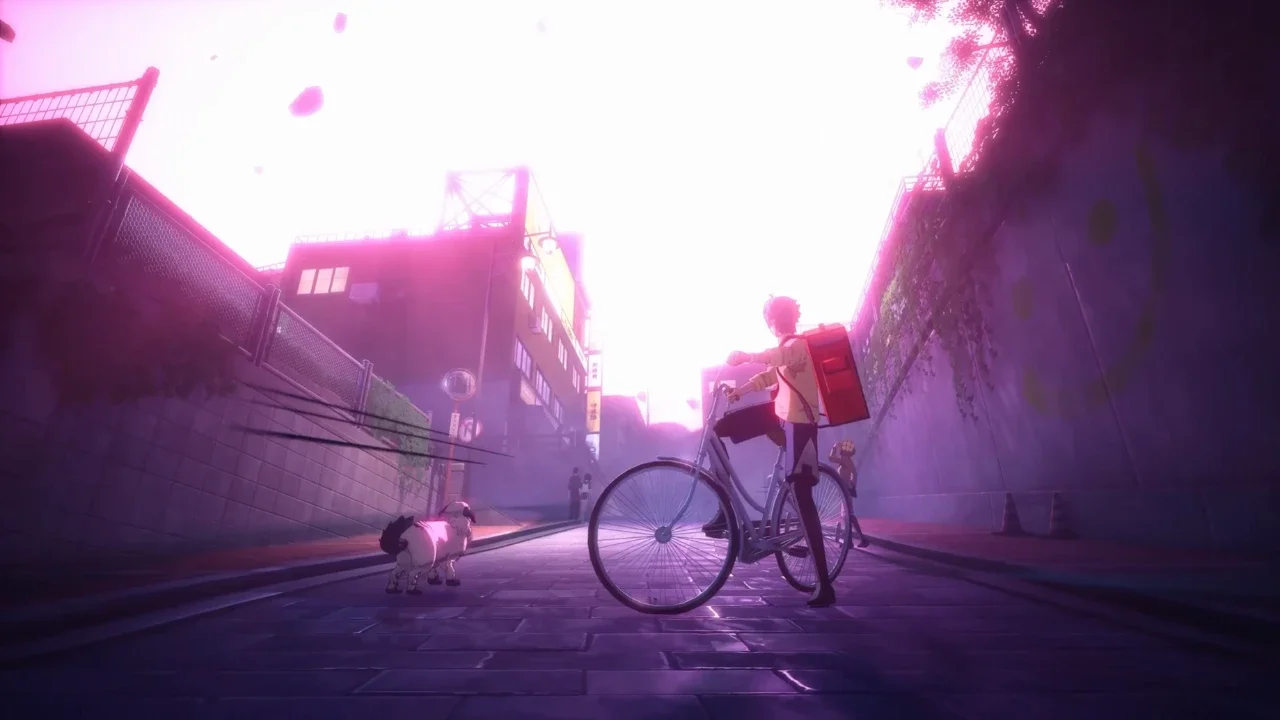 An anime-style character on a bicycle in a city alleyway under a surreal pink sky with floating rocks in the supernatural urban RPG Neverness to Everness.