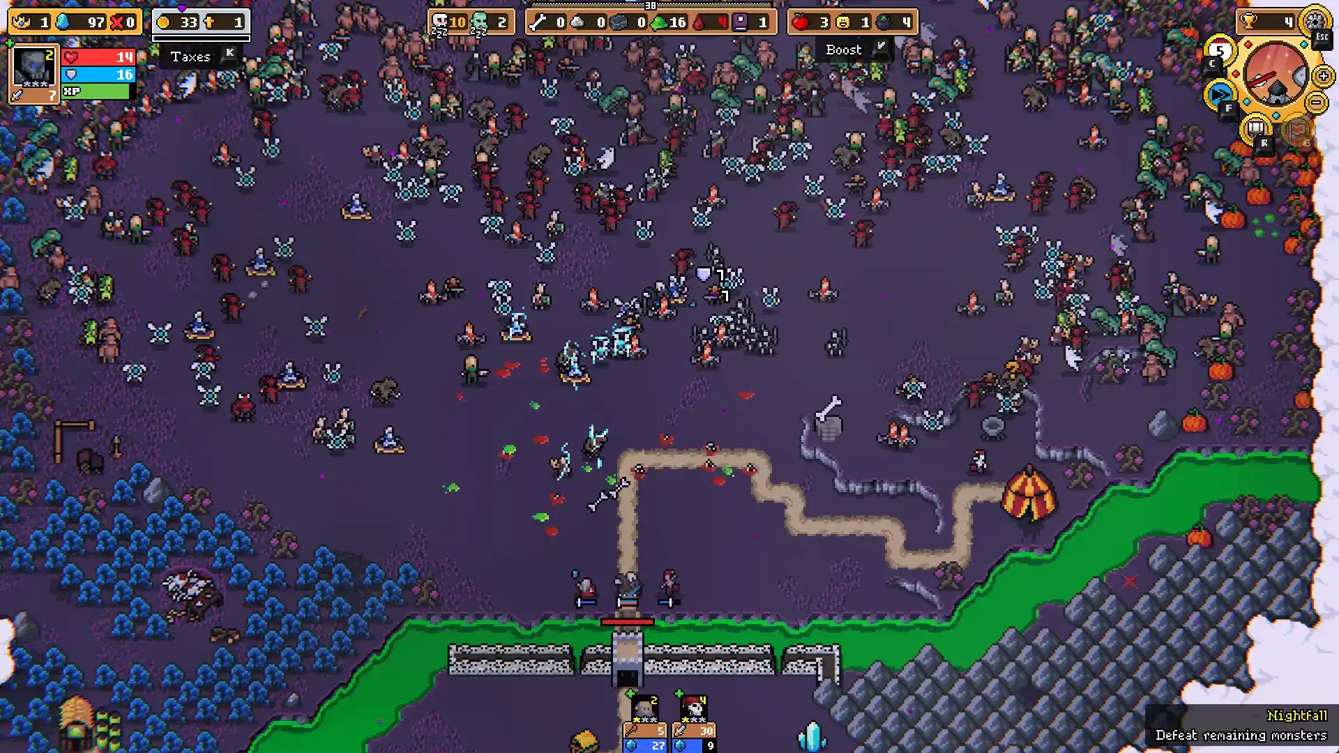 A gameplay screenshot from Super Fantasy Kingdom showing pixelated defenders fighting a massive, diverse horde of monsters surging toward their fortified wall during the Nightfall phase.