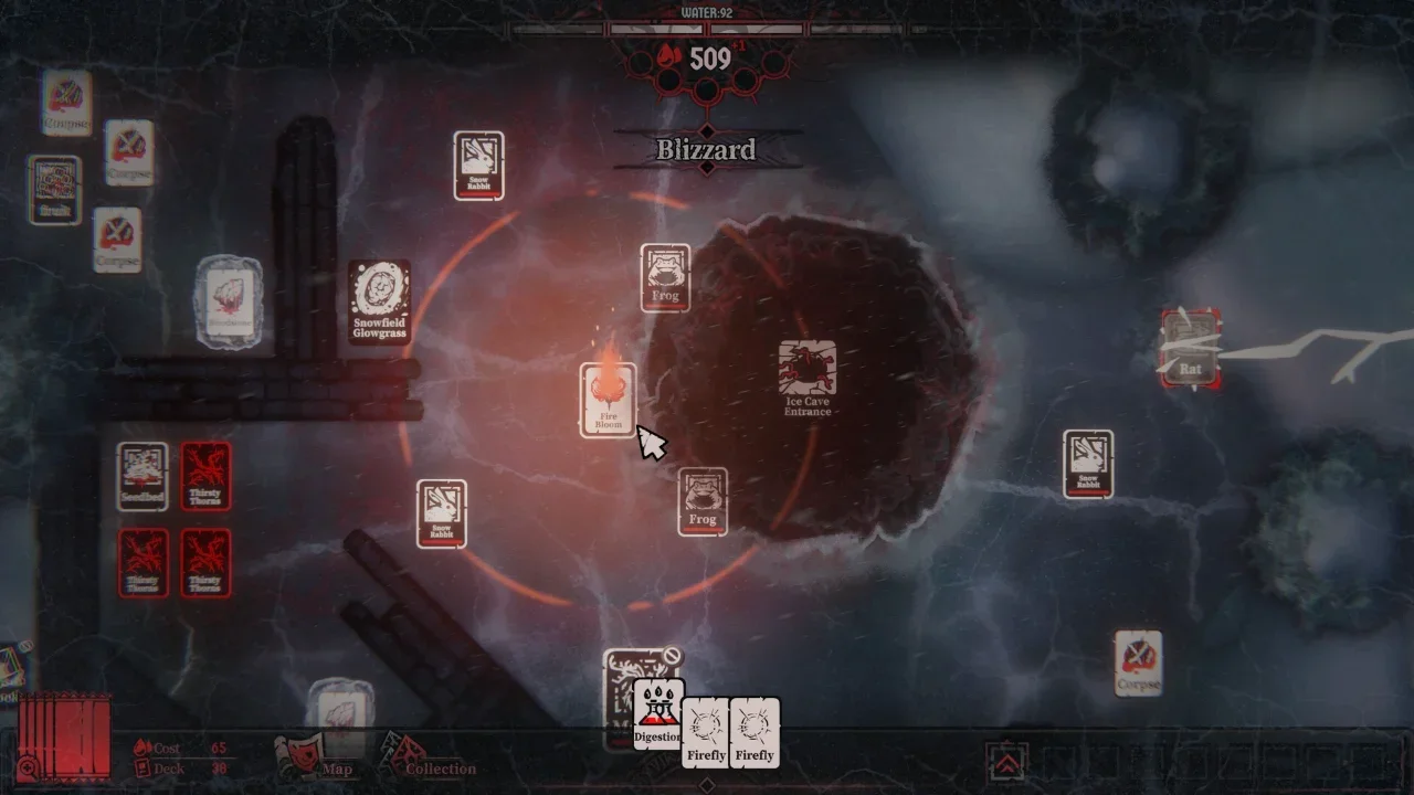 Dark gameplay screenshot of the Roots Devour deck-builder map, displaying scattered resource cards like Fire Bloom and Snow Rabbit under a "Blizzard" weather effect.