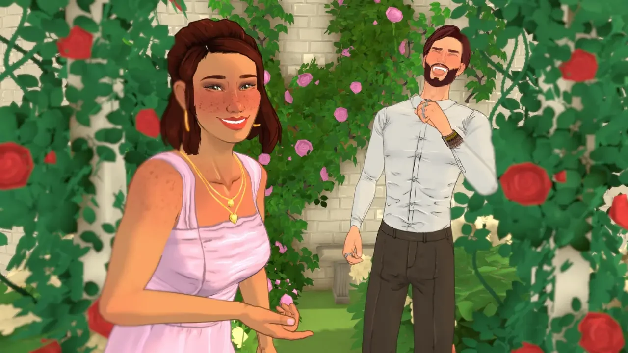 Two Paralives characters, a woman in a light pink dress and a man in a white button-down, smiling and laughing in a lush garden with climbing red and pink roses.