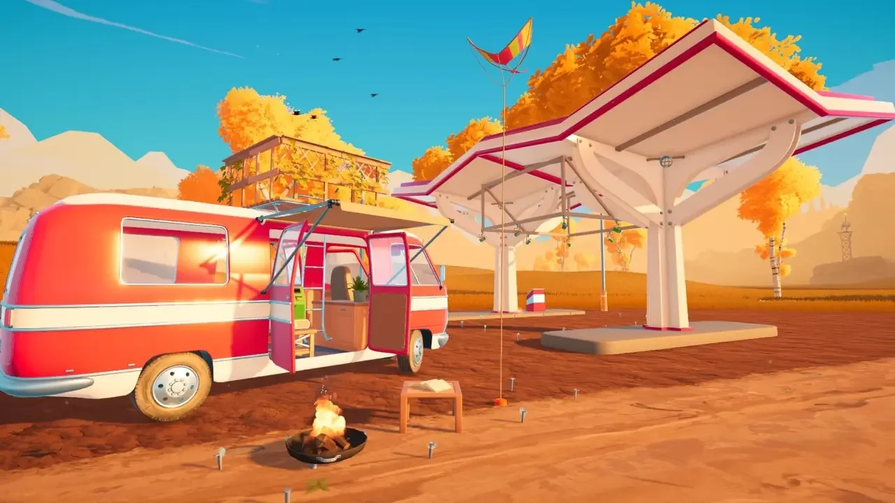 A vibrant gameplay screenshot from the game Outbound featuring a red camper van with a rooftop garden parked at a campsite with a campfire and futuristic charging stations set against a backdrop of golden autumn trees and a clear blue sky.
