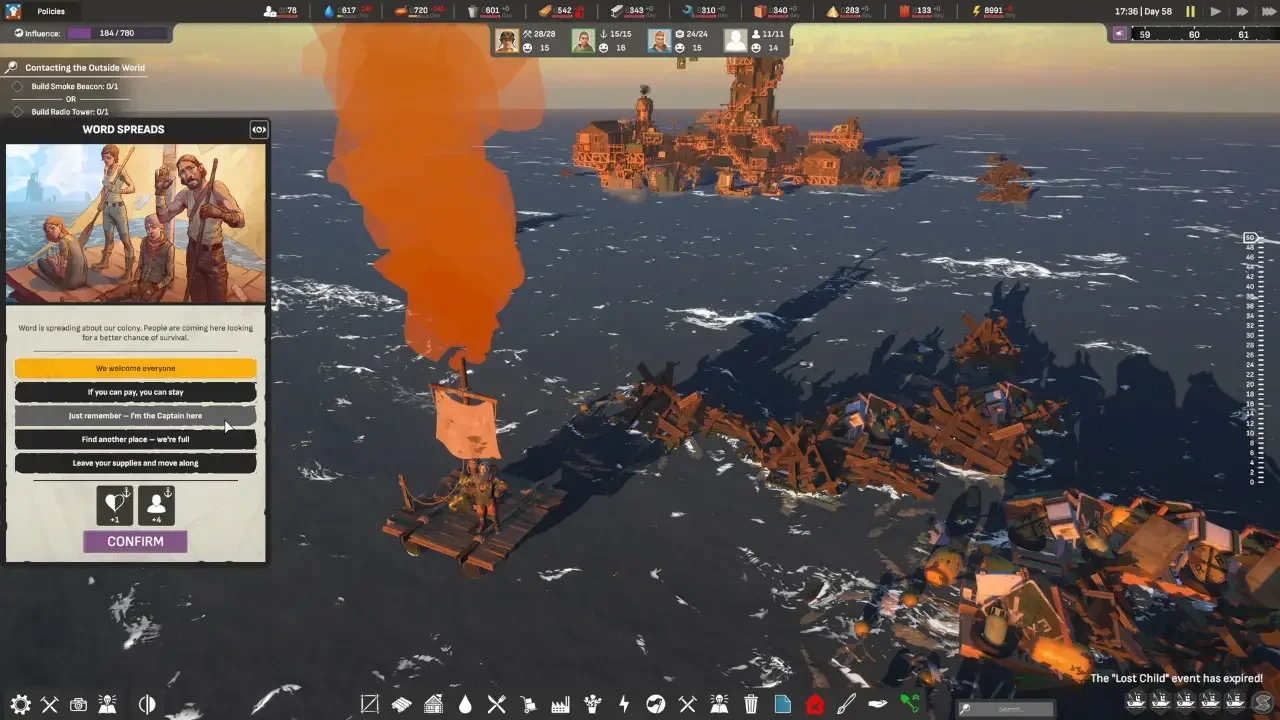 Gameplay screenshot of the survival game ALL WILL FALL showing a narrative decision window titled "WORD SPREADS" over a floating oceanic colony.