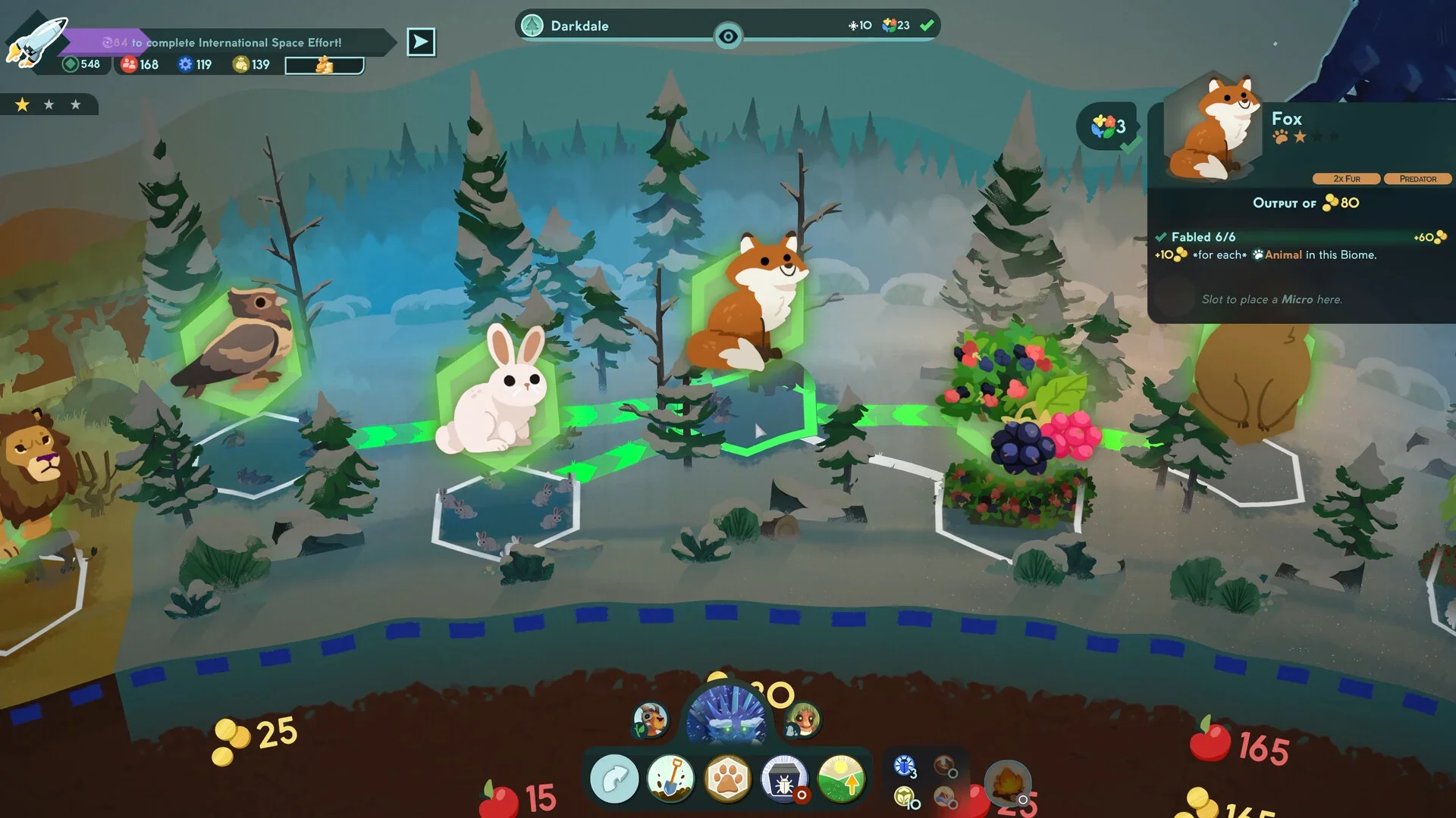 A screenshot from reus 2 showing a snowy forest biome where stylized animals (fox, rabbit, and owl) are placed on green-linked hexagonal tiles, with UI elements displaying resource output bonuses.