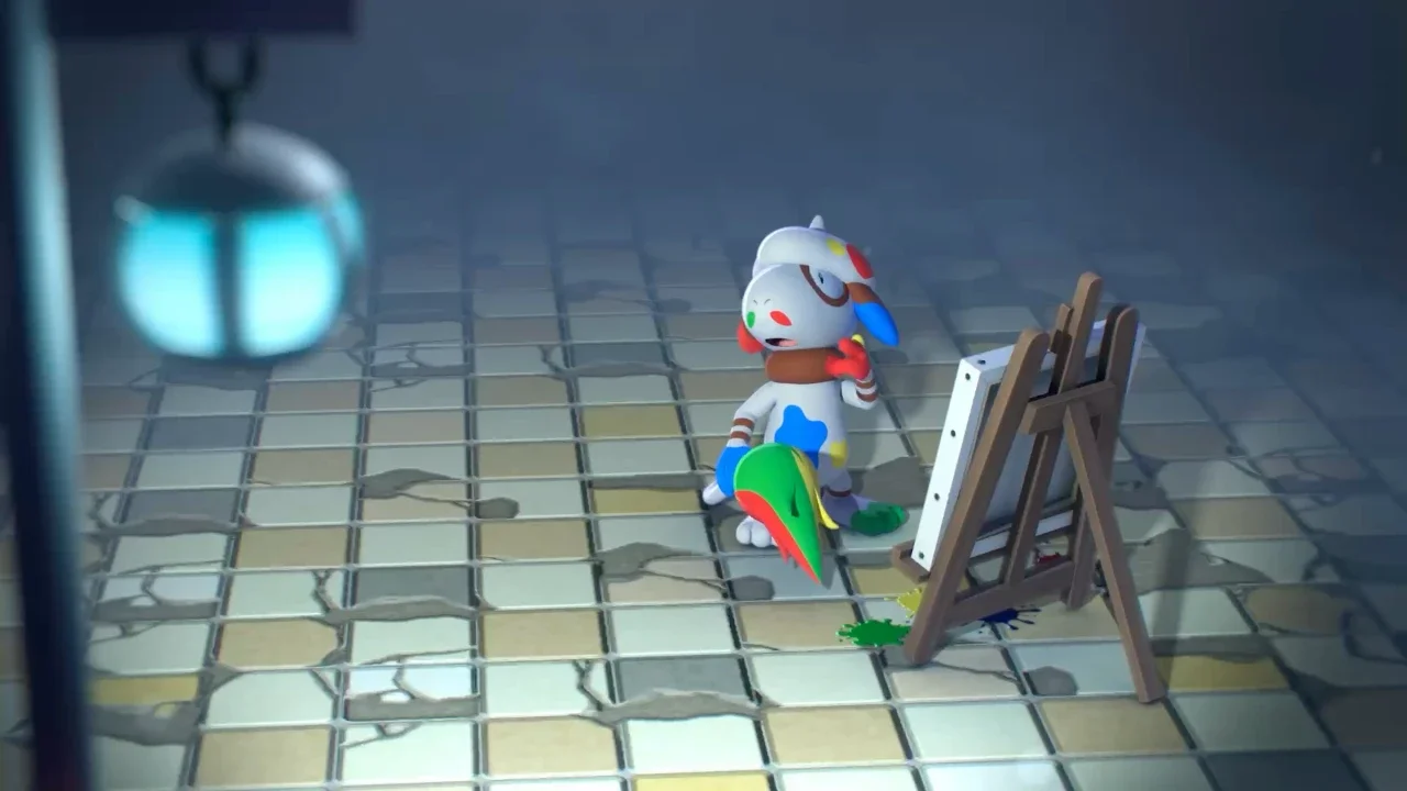 Gameplay screenshot of Pokopia featuring a small, paint-covered artist character standing next to a wooden easel on a tiled floor.