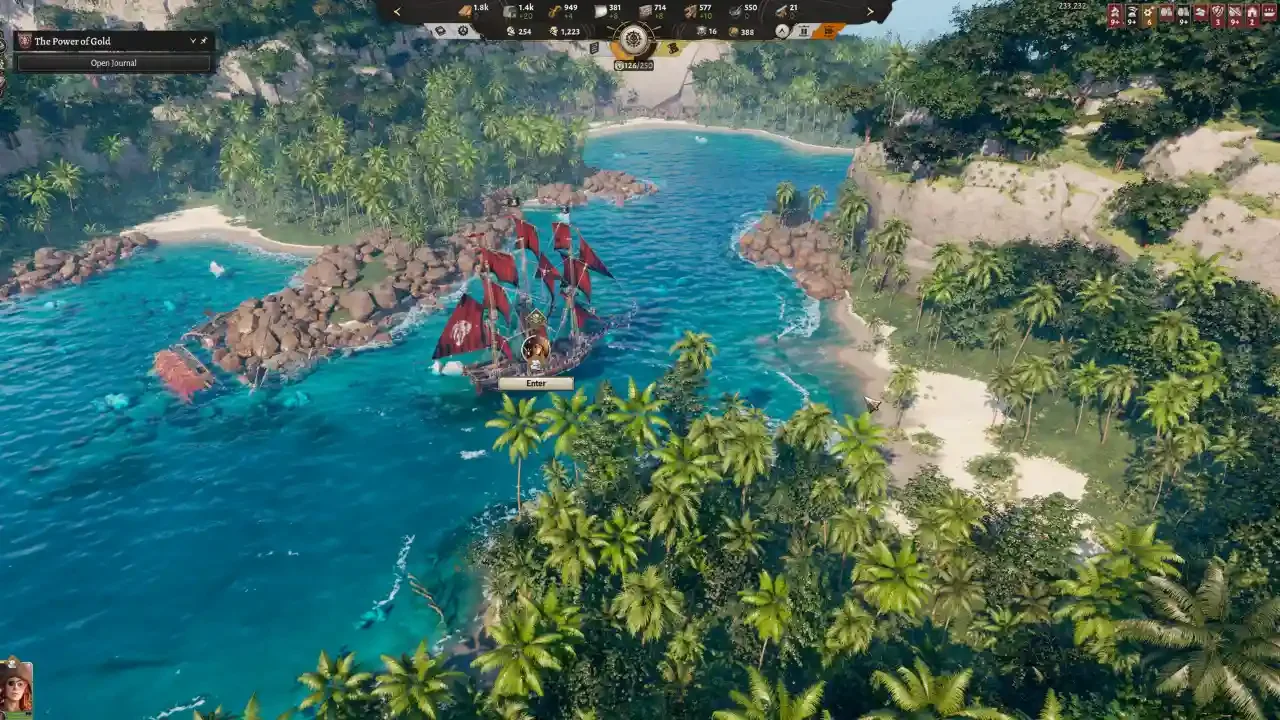 A red-sailed pirate ship navigates a tropical cove surrounded by lush palm trees and sandy beaches in this Corsair Cove gameplay screenshot.