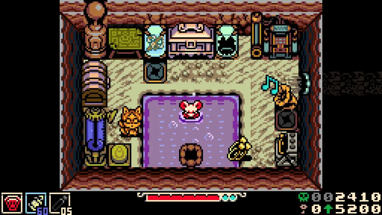 Mina the Hollower gameplay screenshot featuring the protagonist standing in a purple pool within a retro 8-bit laboratory filled with steampunk machinery and pixel art details.