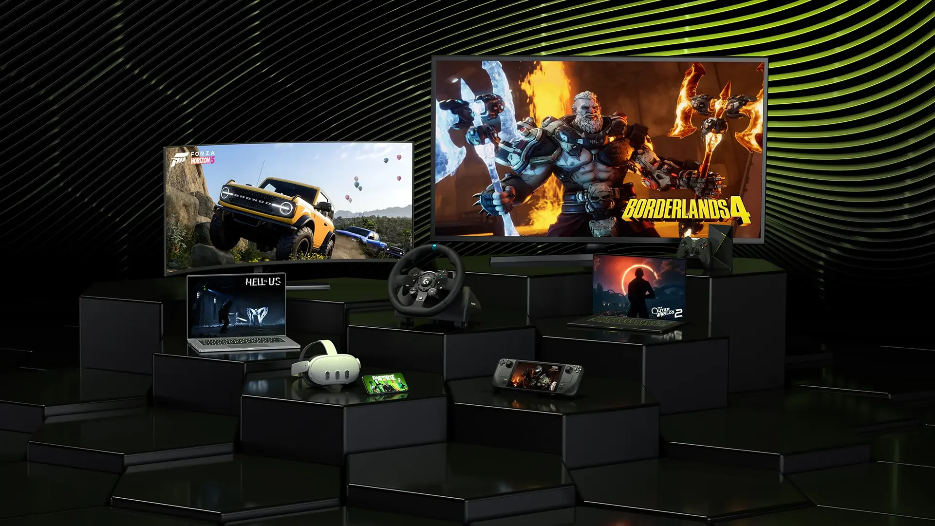 A promotional image for GeForce NOW showing games like Borderlands 4 and Forza Horizon 5 displayed across various devices, including TVs, laptops, and handheld consoles, all resting on black hexagonal risers.