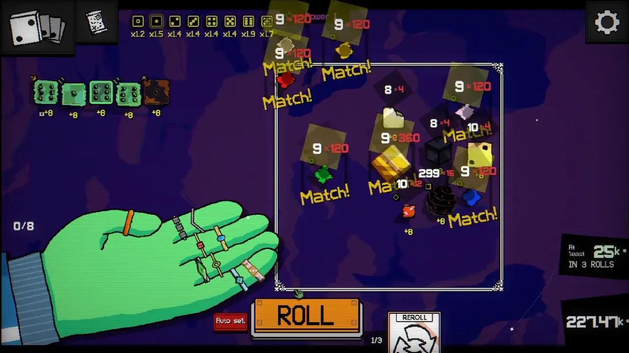 Dice A Million gameplay screenshot showing a green, ring-adorned hand, five dice ready to roll, and a central grid area filled with colorful matched items, score multipliers, and "Match!" indicators.