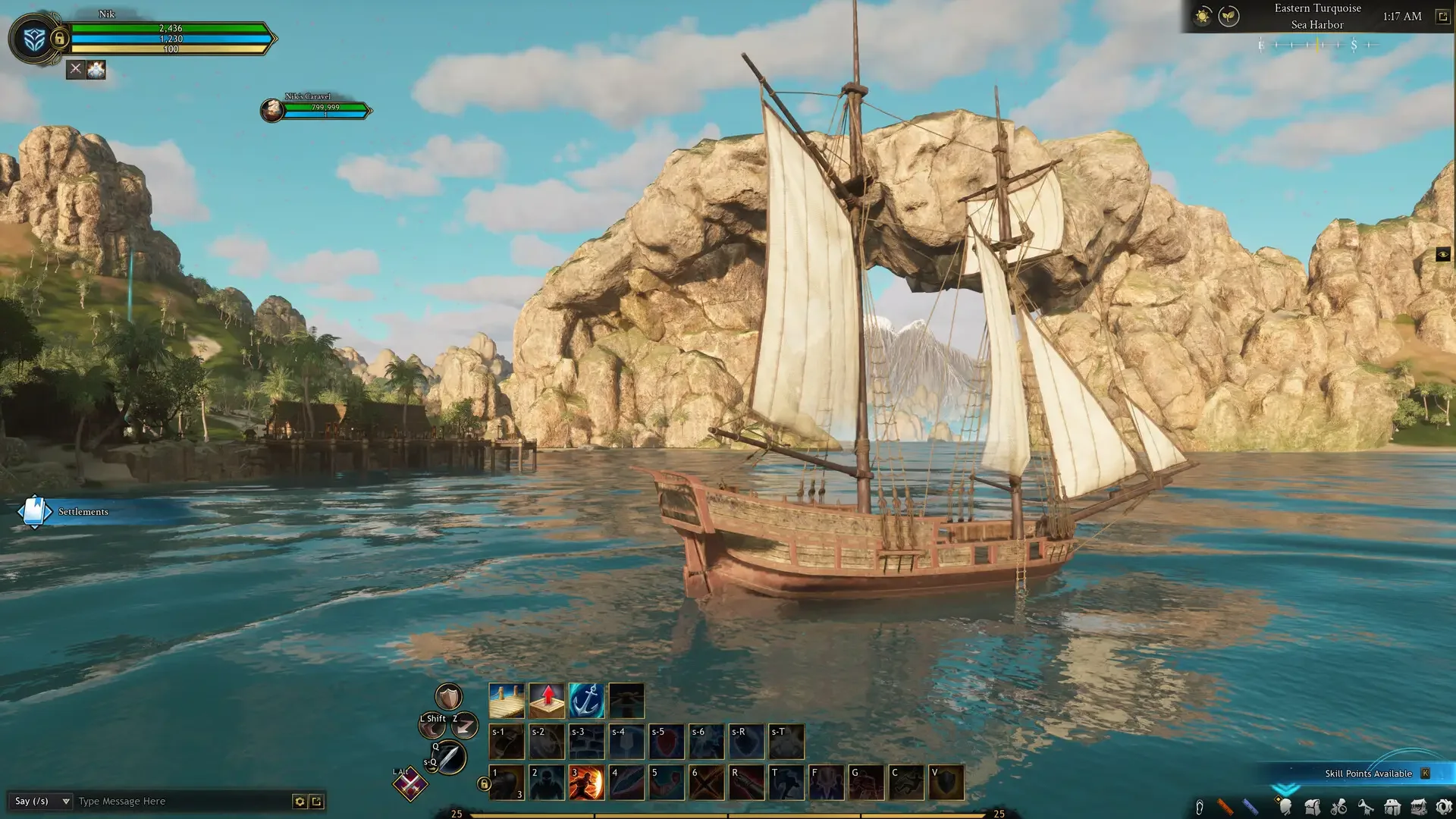 A large caravel ship sailing in turquoise water past a massive stone arch in a tropical harbor setting in Ashes of Creation.