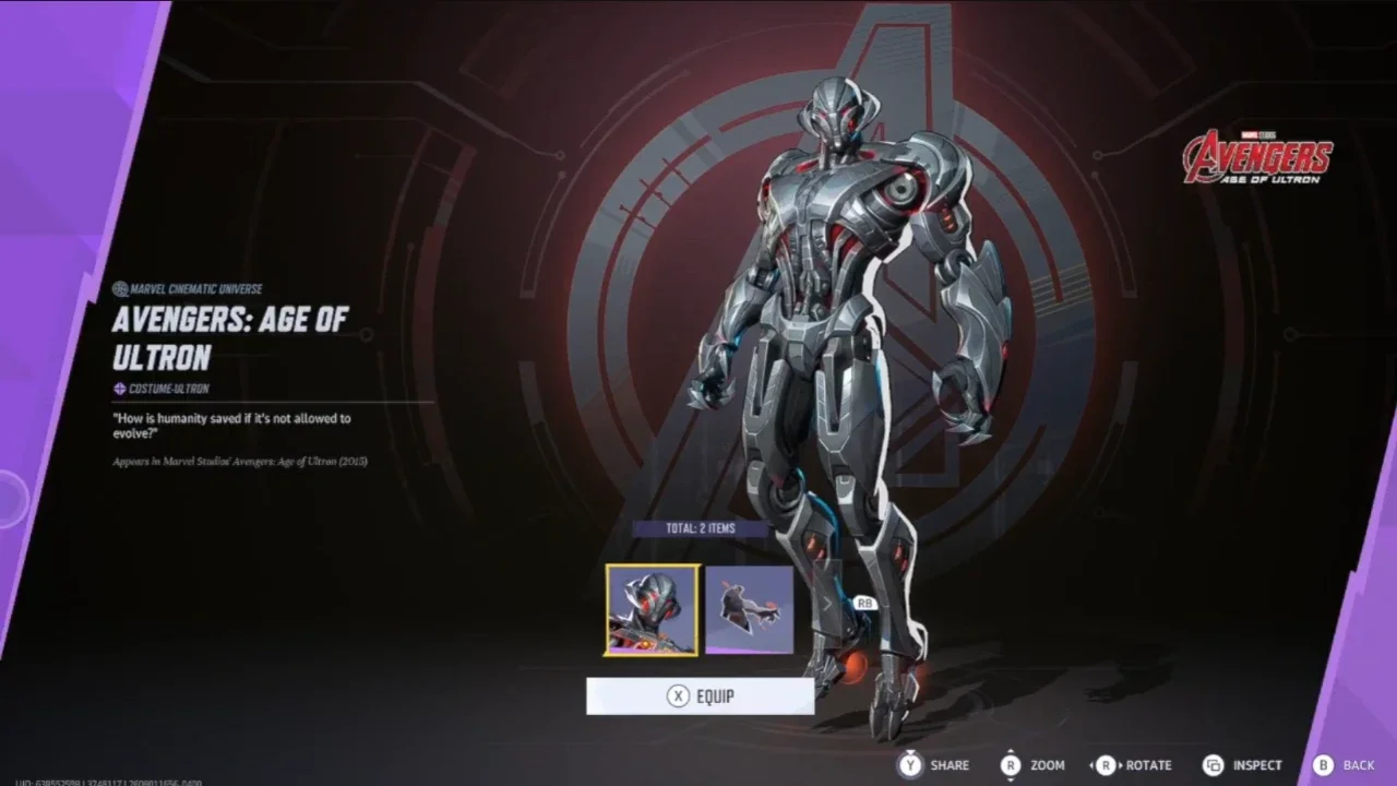 Marvel Rivals character customization menu showcasing the "Avengers: Age of Ultron" cinematic skin for Ultron, featuring a sleek metallic silver design with red glowing accents.