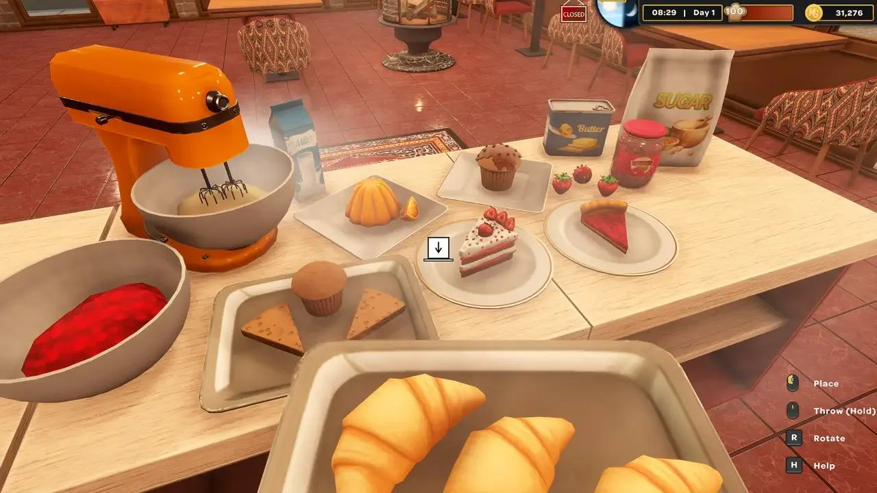 A dessert preparation scene in Kebab Chefs! - Restaurant Simulator featuring an orange stand mixer, baking ingredients, and various plated treats like croissants, cakes, and muffins on a wooden counter.
