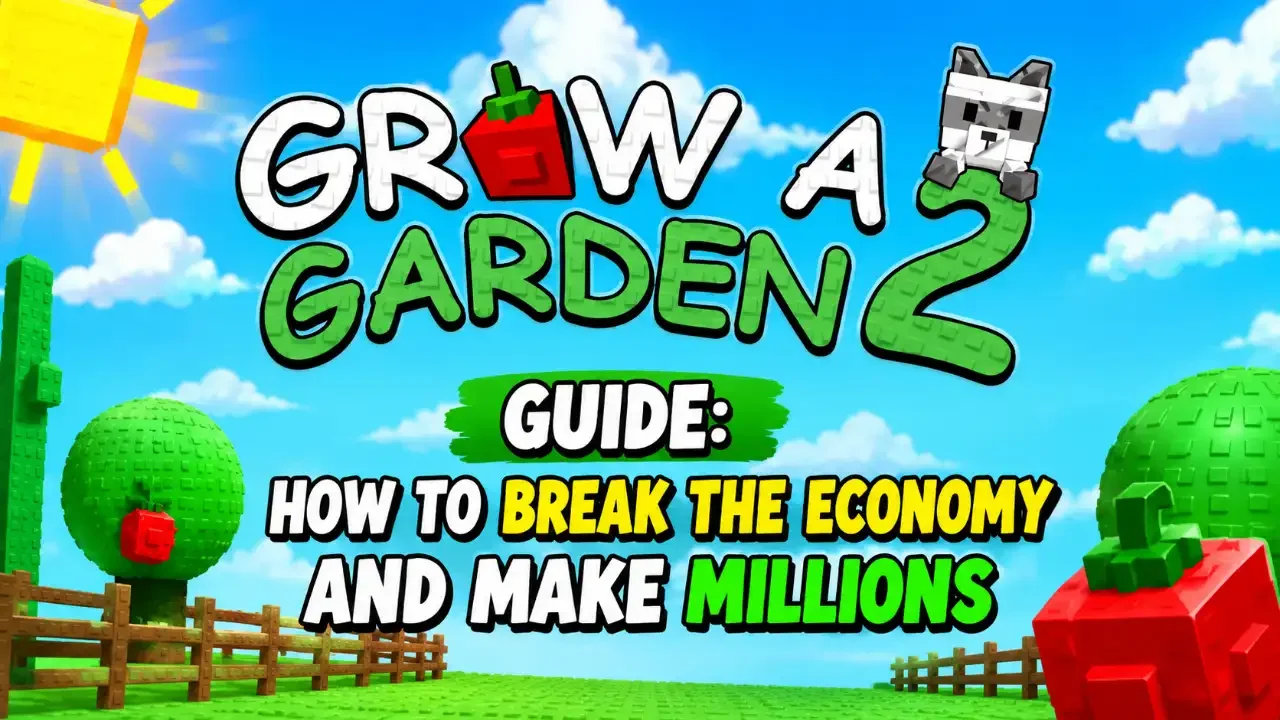 Grow a Garden 2 guide thumbnail featuring blocky voxel-style graphics of a sunny farm and text reading "How to break the economy and make millions."