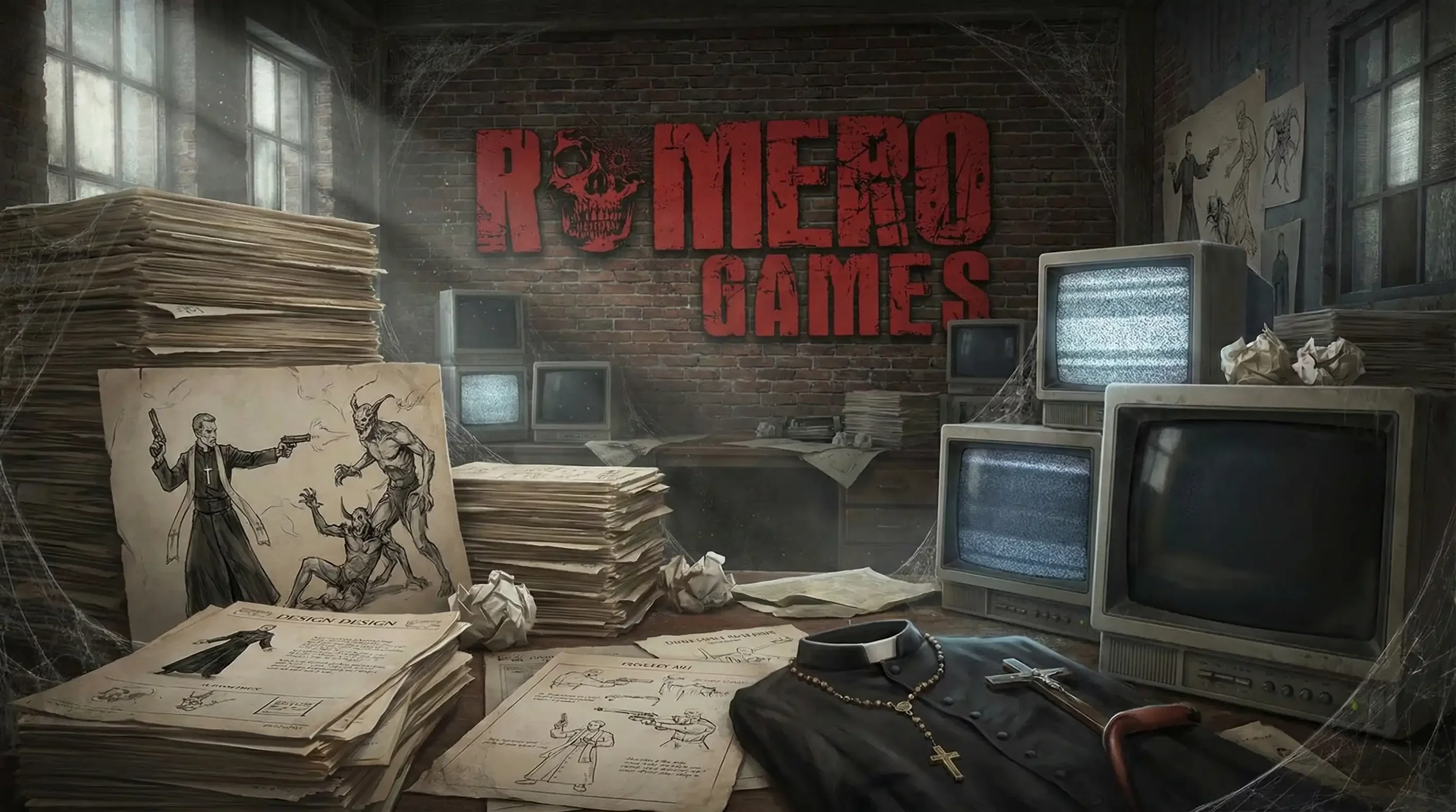 A promotional image for romeo games showing a cluttered, cobweb-covered office with stacks of design papers, concept art of a gun-toting priest fighting demons, old CRT monitors, and a clerical collar and rosary draped over a desk.
