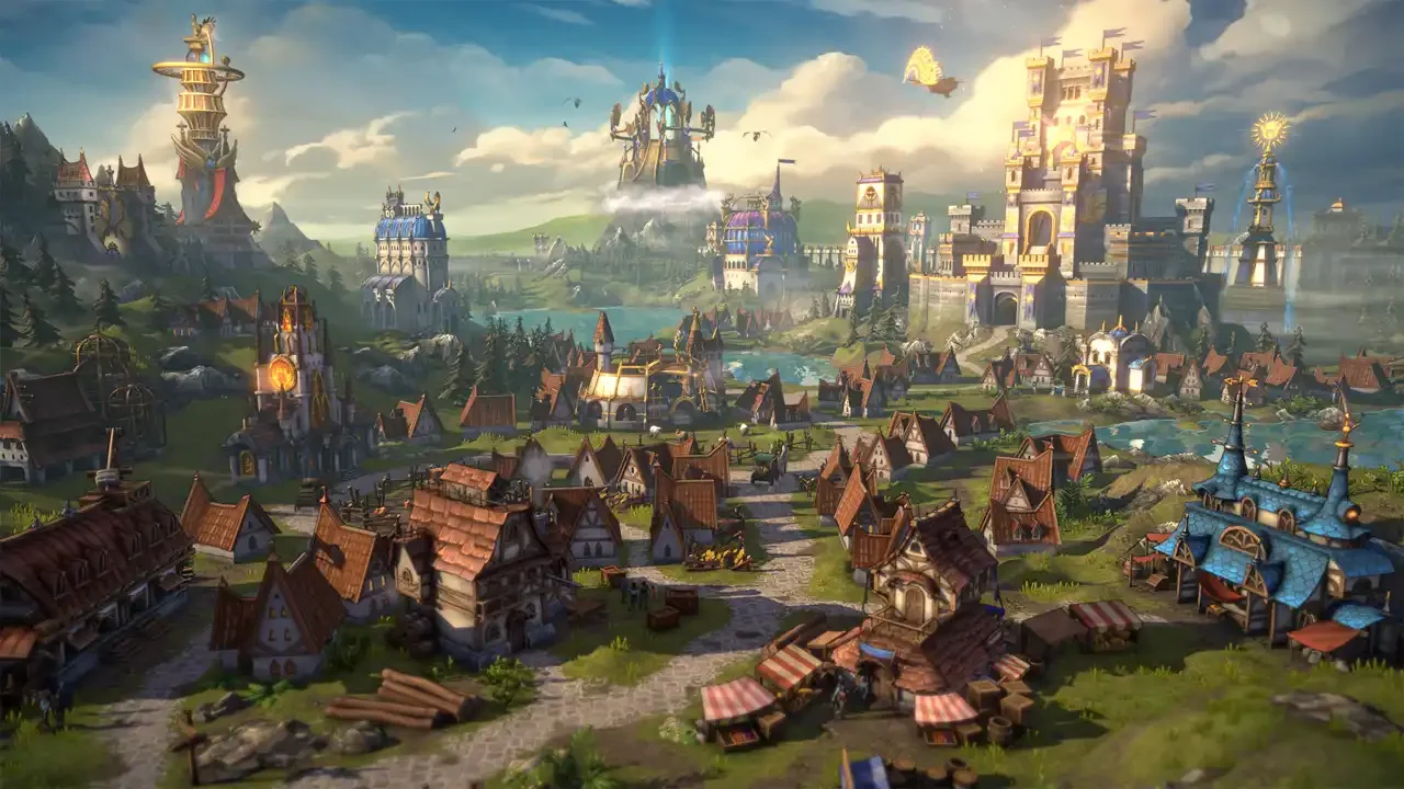 A vibrant fantasy town screen from Heroes of Might and Magic: Olden Era featuring detailed medieval architecture, a grand castle, and lush green hills.