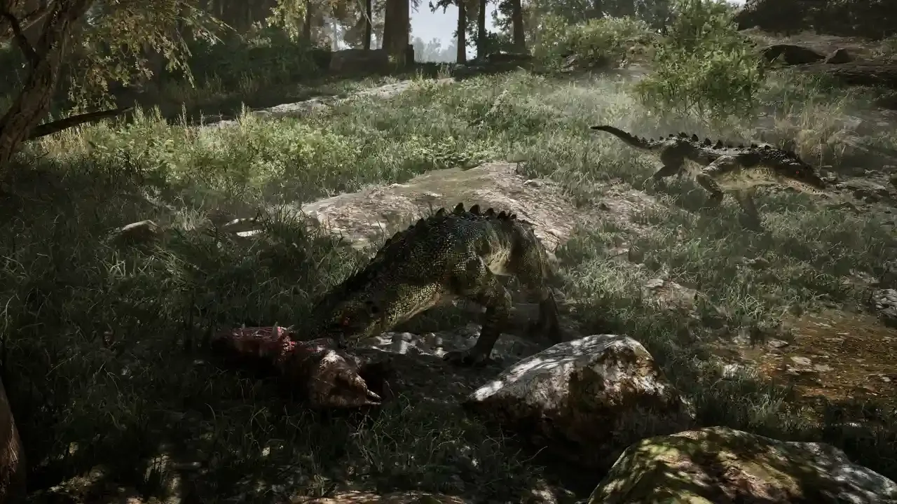 Gothic 1 Remake gameplay screenshot featuring two predatory Snappers in a lush forest, with one creature feeding on a carcass.