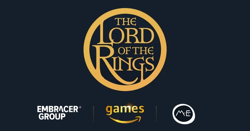 Stylized gold logo for The Lord of the Rings, displayed above the logos for Embracer Group, Amazon Games, and Middle-earth Enterprises.