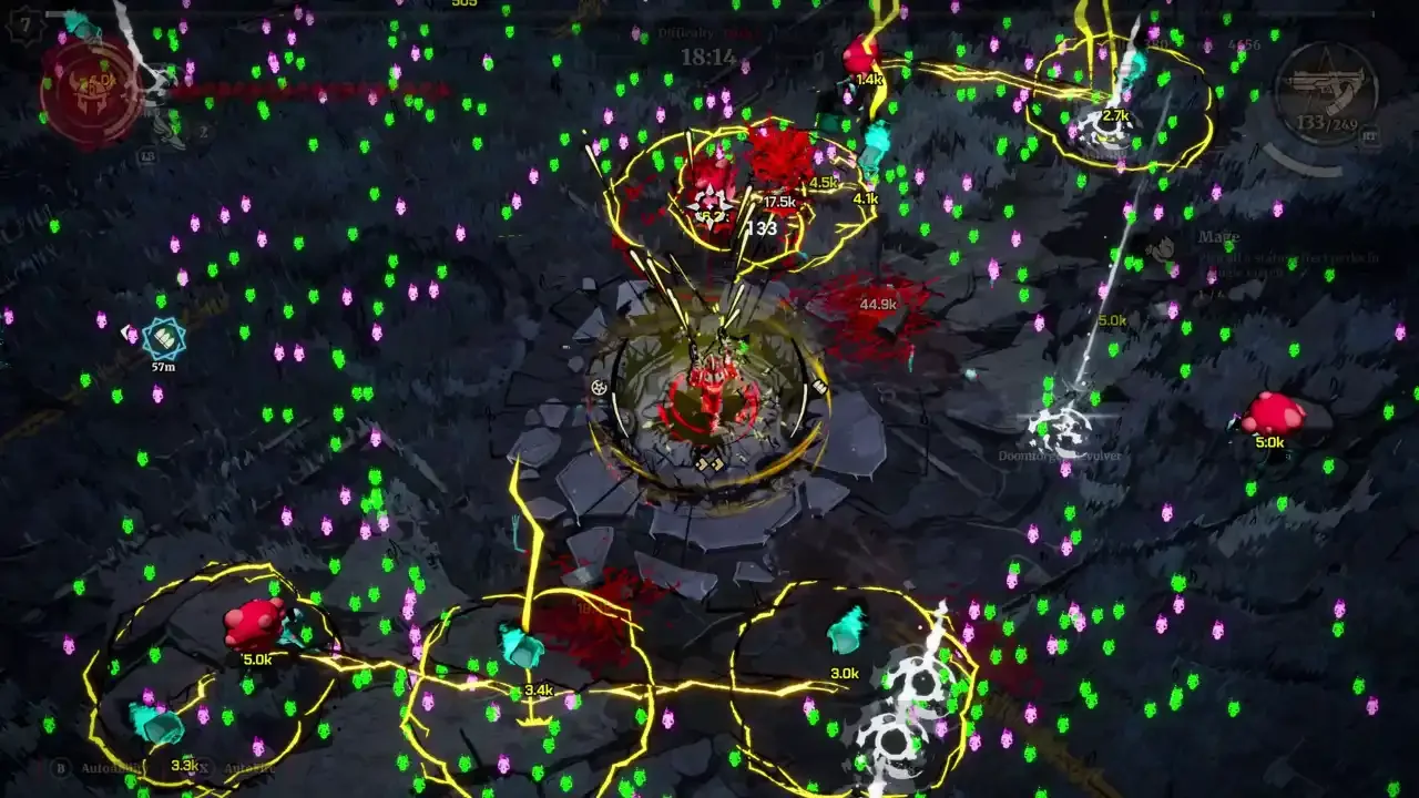 Intense combat gameplay in Grind Survivors featuring a red-armored character using yellow lightning abilities to destroy massive waves of glowing green and pink enemies.