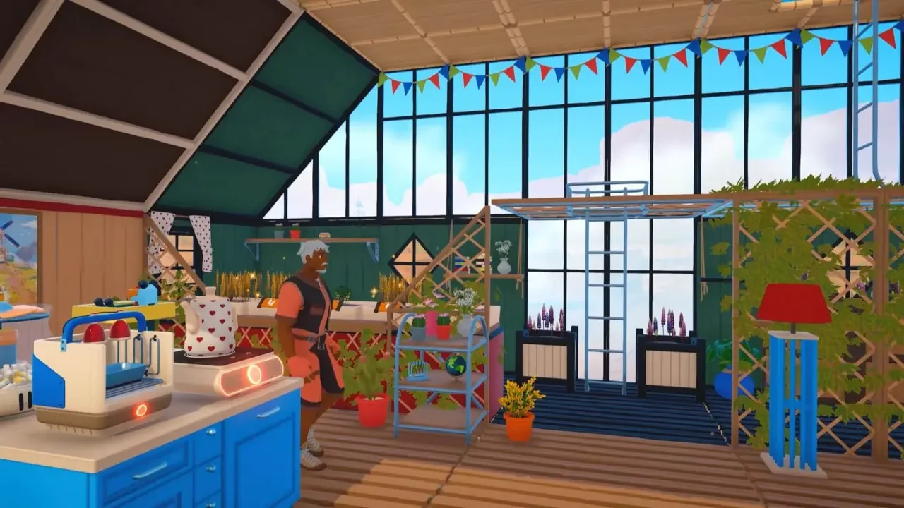 Gameplay screenshot from Outbound showing a character inside a bright, customizable greenhouse interior with indoor plants, a kitchen area, and large windows.