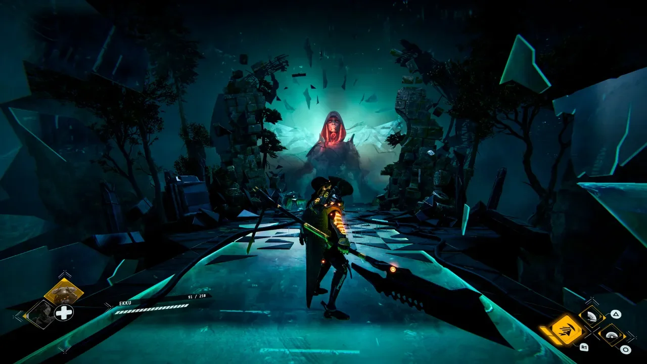 A gameplay screenshot of Morbid Metal showing a mecha warrior with a large glaive standing before a massive, hooded boss in a dark, teal-lit sci-fi environment.