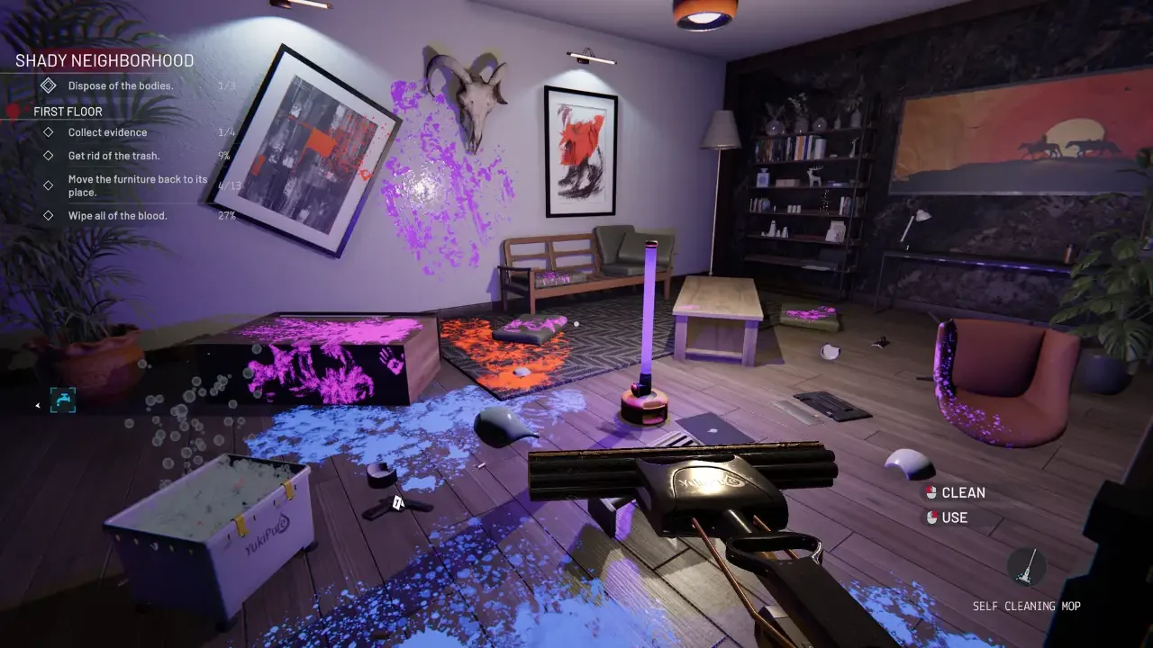 First-person gameplay screenshot from Crime Scene Cleaner showing a player using a mop and soapy bucket to clean neon blue and purple splatters in a messy living room.