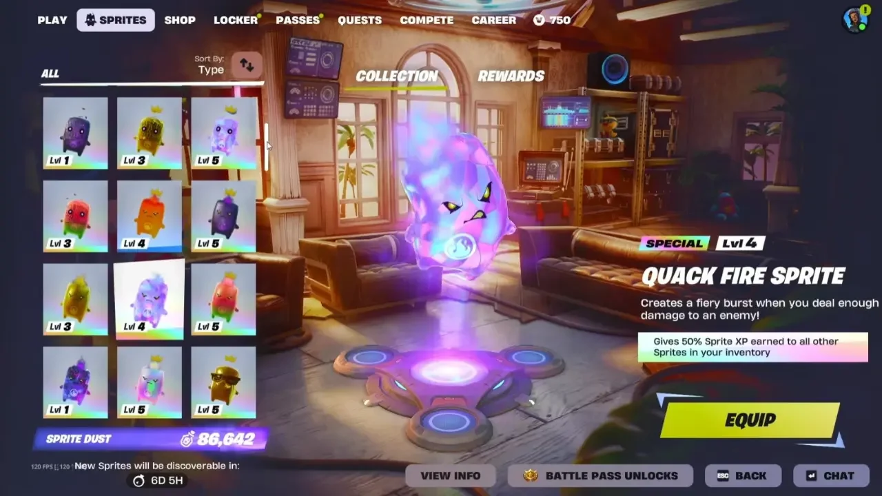Fortnite Sprites collection menu displaying the Quack Fire Sprite and a grid of various collectible level-based sprites.