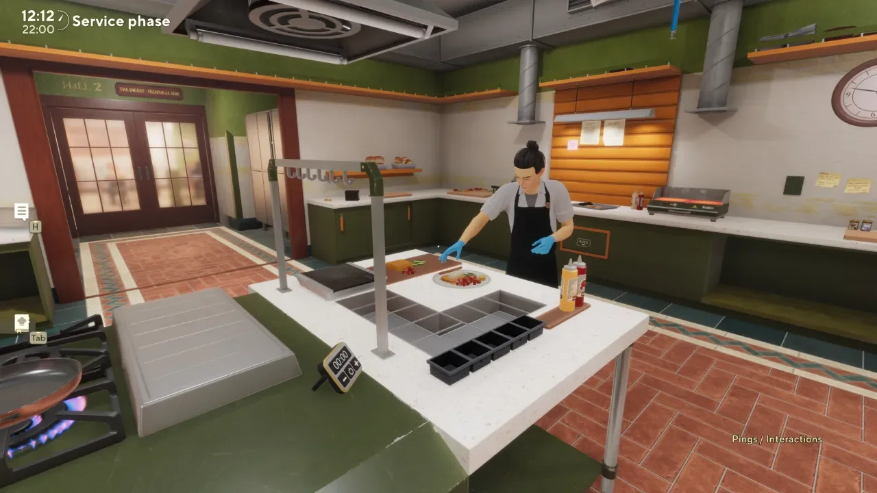 Gameplay screenshot of Cooking Simulator 2: Better Together showing a chef in an apron preparing a dish at a kitchen island during the service phase.