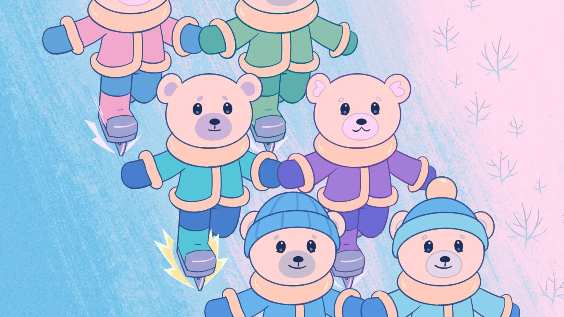 A screenshot from Bits & Bops depicting several cute cartoon bears in colorful winter coats and scarves ice skating on a pastel blue surface.